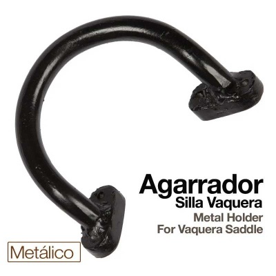Agarrador metálico preto para sela Vaquera com texto explicativo