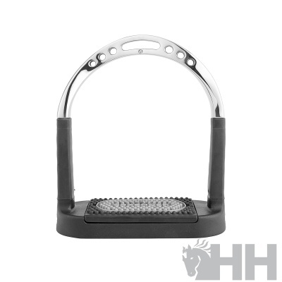 Estribo para equitação em aço prateado com apoios de pé pretos texturizados