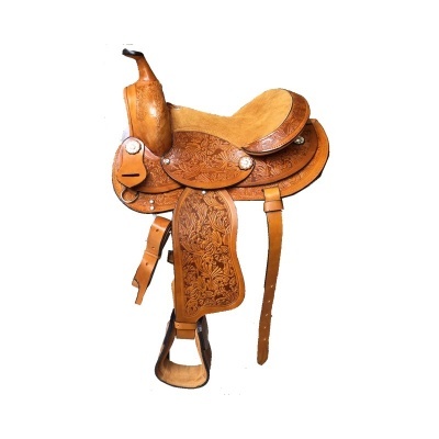 Sela de montar cavalo em couro castanho com gravações florais
