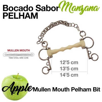 Embocadura tipo Pelham de madeira clara e metal com texto promocional e imagem de maçã verde