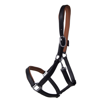 Cabeçada para cavalo em couro preto e castanho com fivelas metálicas