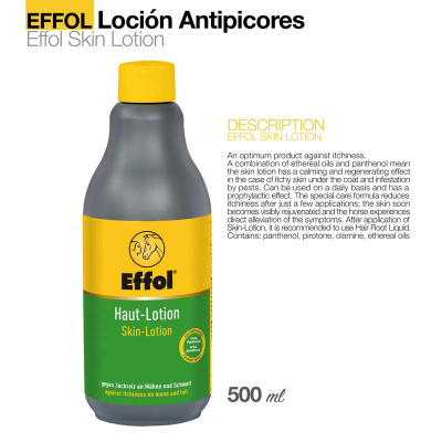 Frasco de loção Effol Skin Lotion com rótulo amarelo e verde para comichão em crinas e cauda