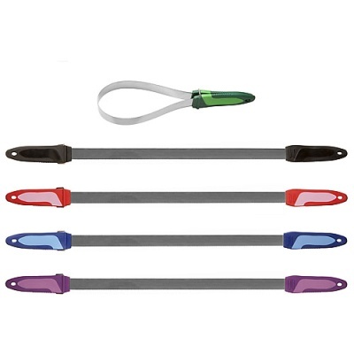 Tiras de aço com pontas coloridas e tira em laço verde e preta.