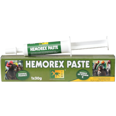 Syringe and box of Hemorex Paste, green and white packaging with horse images