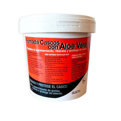Embalagem branca com pomada para cascos Aloe Vera com rótulo vermelho e preto