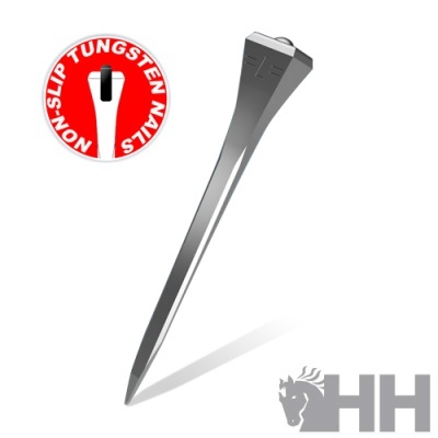 Prego para golfe metálico cinza com texto NÃO-SLIP TUNGSTEN NAILS em círculo vermelho