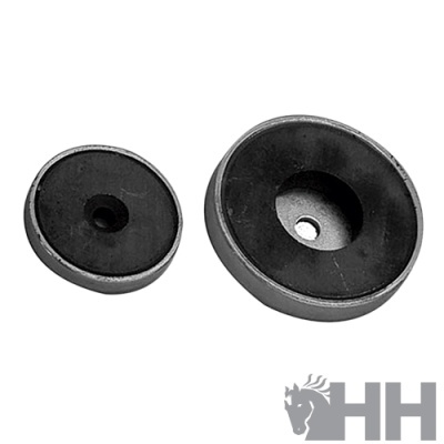 Ímanes circulares pretos com bordas metálicas e um furo no centro do maior