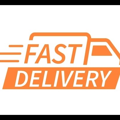 Logotipo laranja de carrinha com texto FAST DELIVERY