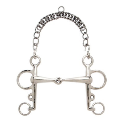 Freio de metal prateado com corrente para cavalo