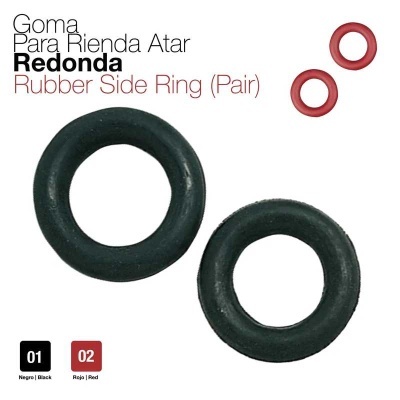 Dois anéis redondos de borracha preta para riendas, com texto explicativo ao lado
