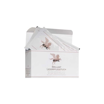 Pacote branco aberto com lenços individuais B&E Brillant Lederpflegetuch