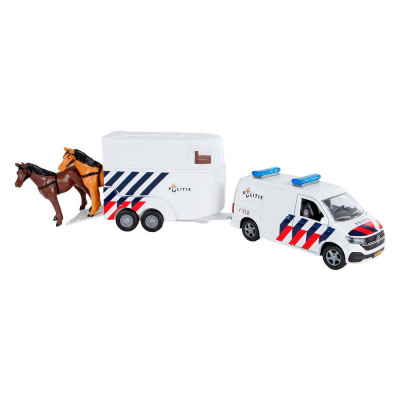 Miniatura de viatura e reboque de polícia com cavalos em fundo branco