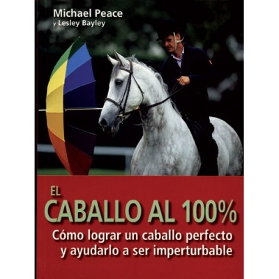 Livro com imagem de cavalo branco e homem com guarda-chuva colorido, texto em espanhol