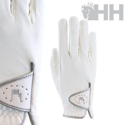 Luvas brancas para equitação com detalhes cinzentos e logótipo HH