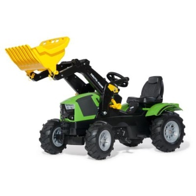 Tractor de brinquedo verde com balde amarelo e pneus pretos