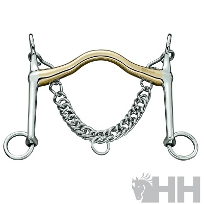 Freio de cavalo metálico prateado e dourado com corrente e anéis