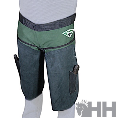 Avental de proteção para pernas verde e preto com bolsos laterais