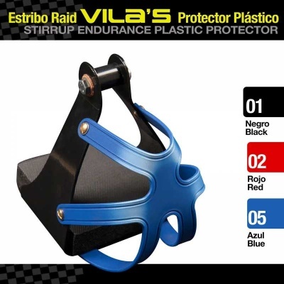 Estribo com protector plástico azul e estrutura preta com texto das cores disponíveis.