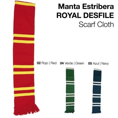 Três mantas de tecido com franjas e listras amarelas em cores vermelho, verde e azul marinho.