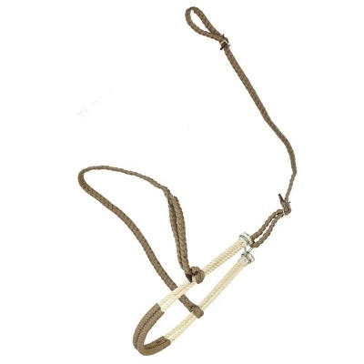 Cabresto de corda trançada castanho e bege com argolas metálicas