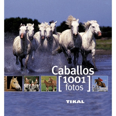 Livro de fotografia com cavalos brancos a correr na água e texto Caballos [1001] fotos