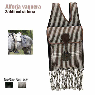 Alforja vaqueira Zaldi extra lona em riscas brancas e castanhas com detalhes em pele castanha e franjas.