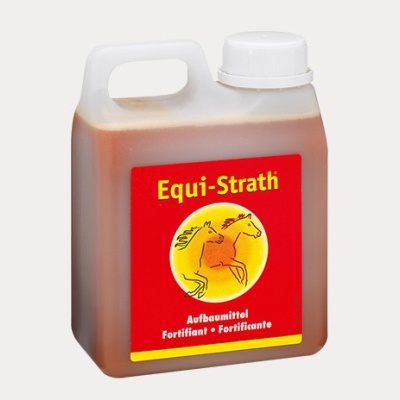 Frasco plástico com líquido castanho e etiqueta vermelha Equi-Strath