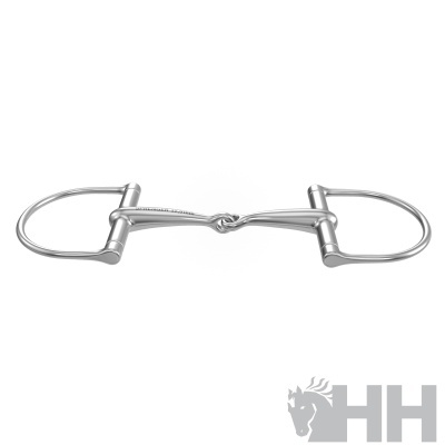 Freio de metal prateado com argolas ovais e parte central articulada