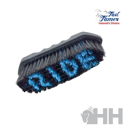 Escova de limpeza preta com cerdas azuis e palavra 'RUDE' em azul