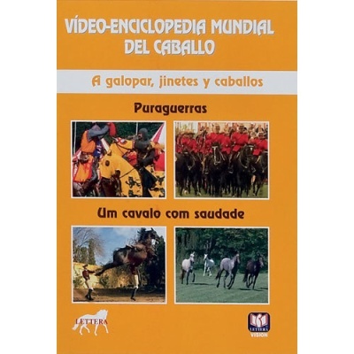 Capa de vídeo sobre cavalos com texto em espanhol e quatro imagens de cavalos e cavaleiros