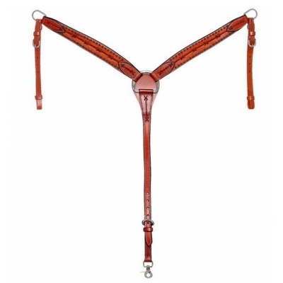 Cabeçada castanha com fivelas metálicas prateadas e padrão decorativo azul escuro