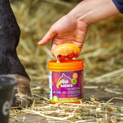 Frasco de gel Equi Natura laranja com rótulo colorido ao lado de pata de cavalo e mão retirando gel amarelo