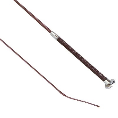 Rédea de equitação em couro castanho com cabo trançado e detalhe metálico