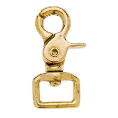 Mosquetão de metal dourado com fecho e base quadrada