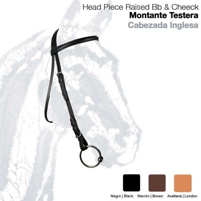 Cabeçada inglesa de montante em pele com diferentes cores sobre fundo branco com contorno de cavalo.