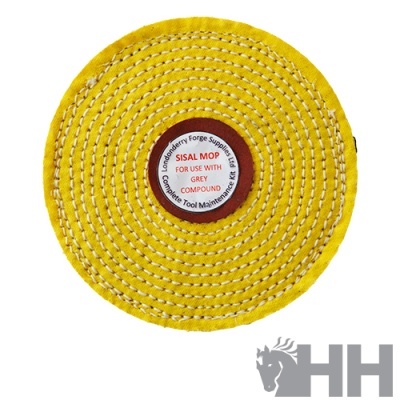 Disco mop amarelo redondo com etiqueta central e logótipo HH cinza