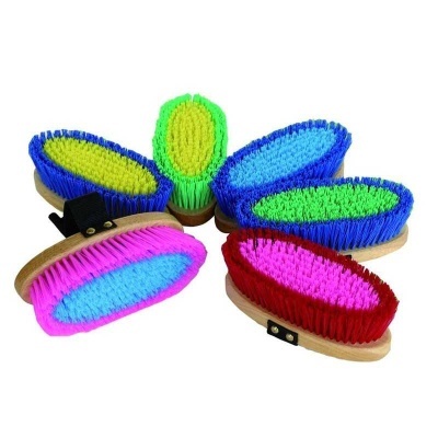 Seis escovas ovais de madeira com cerdas coloridas dispostas juntas