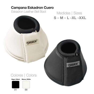 Campanas Eskadron de couro nas cores preto e branco com etiqueta visível e tamanhos indicados.
