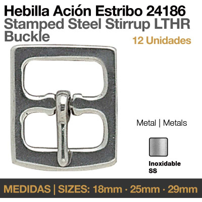 Fivela quadrada de aço inoxidável prateada com texto de especificações e descrições.