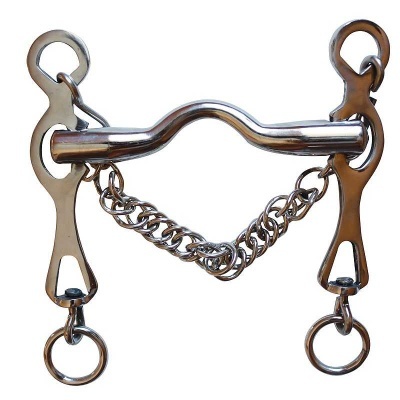 Freio metálico prateado para cavalo com bocal curvado e corrente