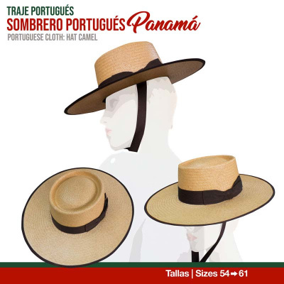Chapéu Panamá camel com fita preta e aba larga em três perspetivas sobre fundo branco