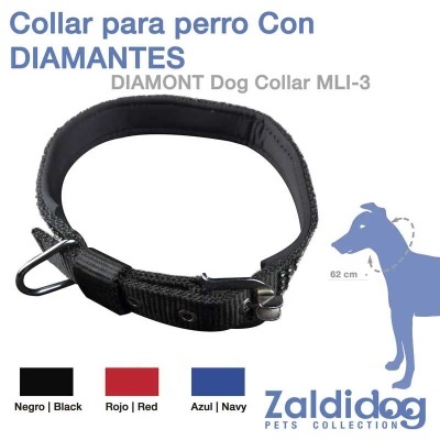 Coleira para cão preta com fivela metálica ao lado de ilustração azul de cão e texto de descrição.