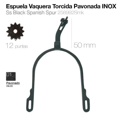 Espuela vaquera torcida pavonada inox preta com 12 pontas e 50 mm, texto Ss Black Spanish Spur 258992Smk e indicação Oiled