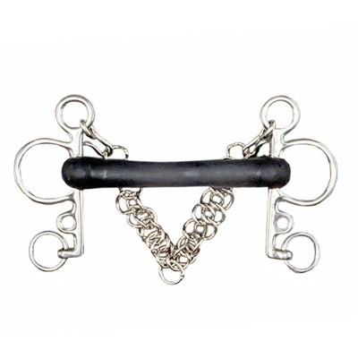 Freio cavalo com bocal preto e estruturas metálicas prateadas