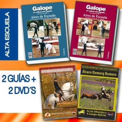 Conjunto de dois livros e dois DVDs sobre treino e cultura equestre com imagens de cavalos e cavaleiros