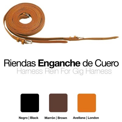 rédea de couro avellana com fivelas metálicas e amostra de cores