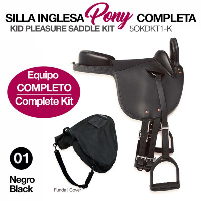Sela inglesa preta completa para pônei com capa protetora preta.