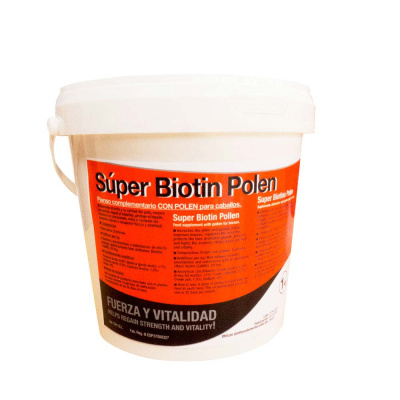 Embalagem branca de suplemento Super Biotin Polen para cavalos com etiqueta laranja e preta