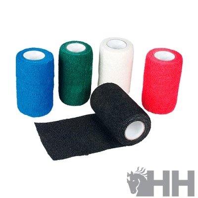 Cinco rolos coloridos de bandagens adesivas com textura de malha