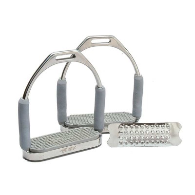 Par de estribos metálicos com revestimento cinzento e raspador metálico